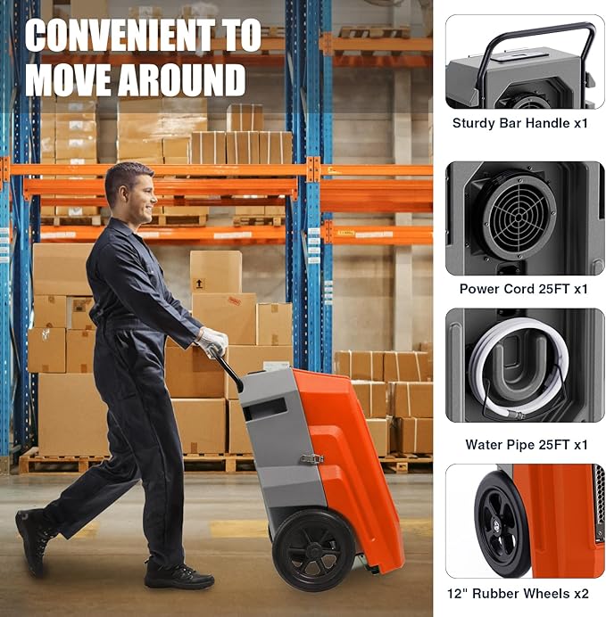 MOUNTO 180Pints LGR Industrial Dehumidifier with Pump and Drain Hose, Portable Commercial Dehumidifier with Wheels for Home, Basements, Garages, and Job Sites (Orange)