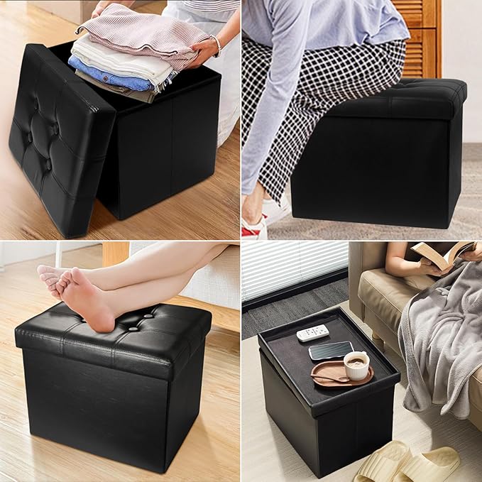 AmasSmile Storage Ottoman Folding Foot Rest Stool, Leather Footstool Bench, Short Ottoman Stool, Storage Foot Rest Store, Books (Black, 17" D x 13" W x 13" H)