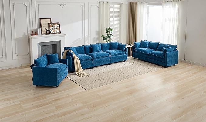 SoarFlash 113.78" Chenille Sectional Sofa, Comfy Modular Loveseat Sofa, Modern 3-Seat Couch Deep Seat Sofa Set for Living Room,Blue