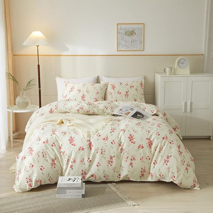 mixinni Boho Red Floral Girl Duvet Cover Set, Soft Cotton Twin Size 3-Piece Aesthetic Floral Bedding Set, 1 Chic Flower Leaf Pattern Duvet Cover and 2 Pillowcases for All Seasons-Twin Size