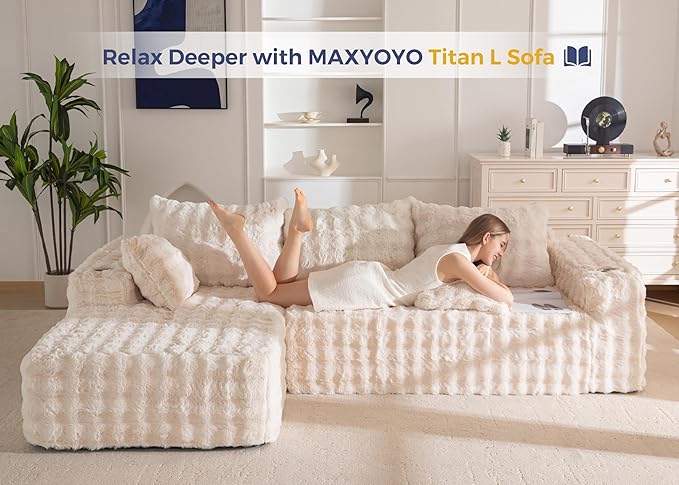 MAXYOYO 104" Modular Sectional Couch with L-Shape Chaise, Modern Boneless Couch for Living Room, Sofa in A Box, Faux Fur Sofa Sleeper with Deep Seat, No Assembly Required, Beige
