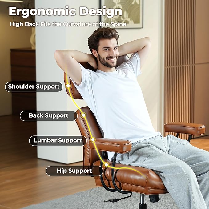 ovios Ergonomic Office Chair, High Back Faux Leather Executive Chairs with Thick Cushion, Comfy High-Century Modern Swivel Rolling Computer Armchair (Brown, PU Leather)