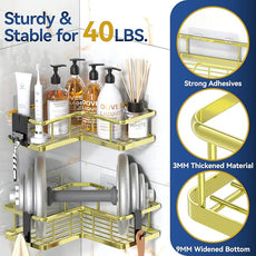 YASONIC Corner Shower Caddy Organizer, 5-Pack Self-Adhesive Rustproof Bath Shelves with Soap Holder & 4 Hooks, Large Capacity Shower Storage Rack for Bathroom Organization, Gold