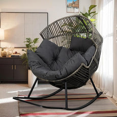 Vongrasig Comfy Wicker Rocking Egg Chair, Soft Thick Cushion Rattan Lounge Chair, High Capacity Steel Frame, Reading Chair for Living Room, Bedroom, Dorm Rooms (Black/Rattan)