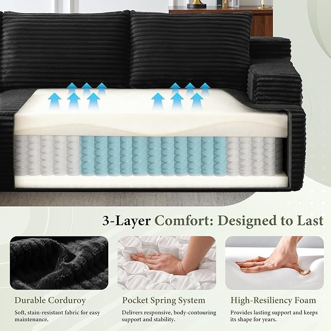 96''Sectional Couches for Living Room Modern Modular Sectional Sofa Upholstered Boneless Couch Comfy Cloud Couch with Chaise (Black, 96''W Left Facing Chaise)