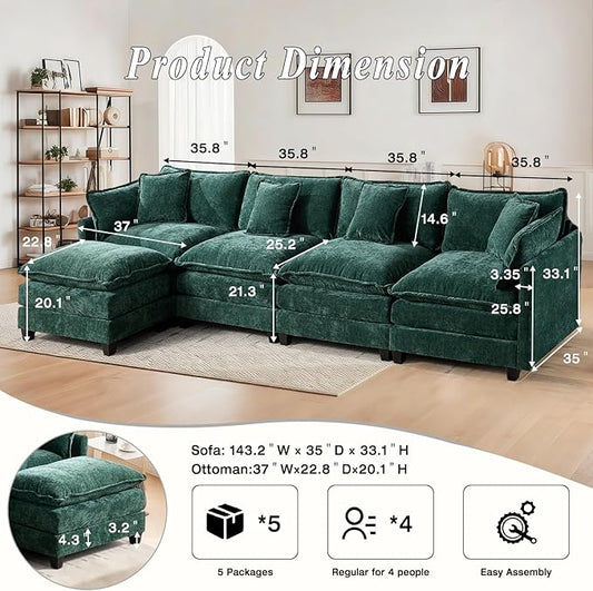 SoarFlash 149.61" Chenille Sectional Sofa, Comfy L Shaped Modular Coush Sofa with Ottoman, Modern 4 Seat Couch Deep Seat Sofa Set for Living Room,Green