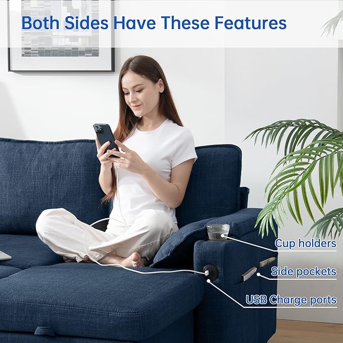 DURASPACE Sofa Bed Sleeper Sofa Pull Out Couch with Double Storage Chaise, Sectional for Living Room, U Shaped Couch with Removable Covers, Blue