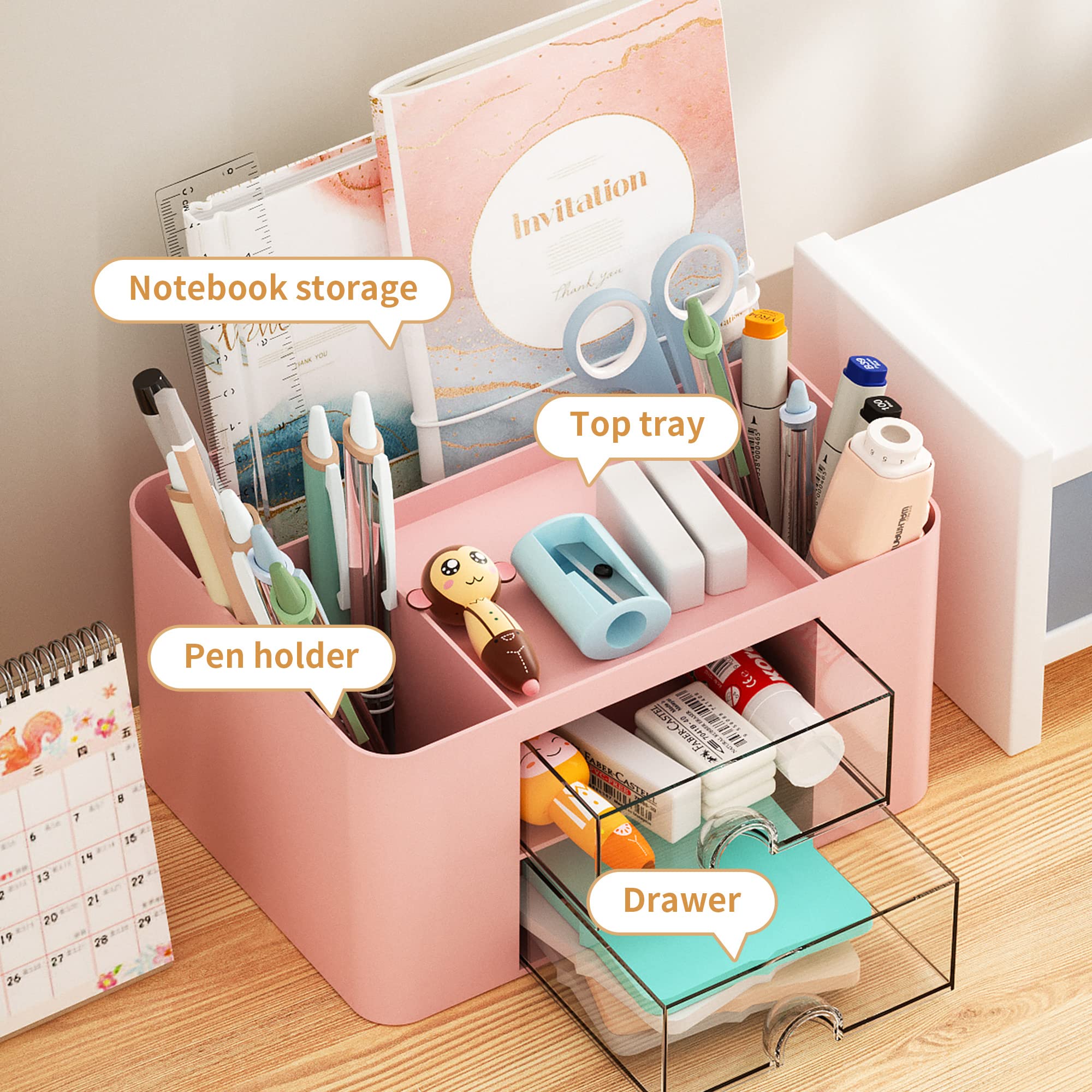 Marbrasse Pen Organizer with 2 Drawer, Multi-Functional Pencil Holder for Desk, Desk Organizers and Accessories with 5 Compartments + Drawer for Office Art Supplies (Blue) Dormly