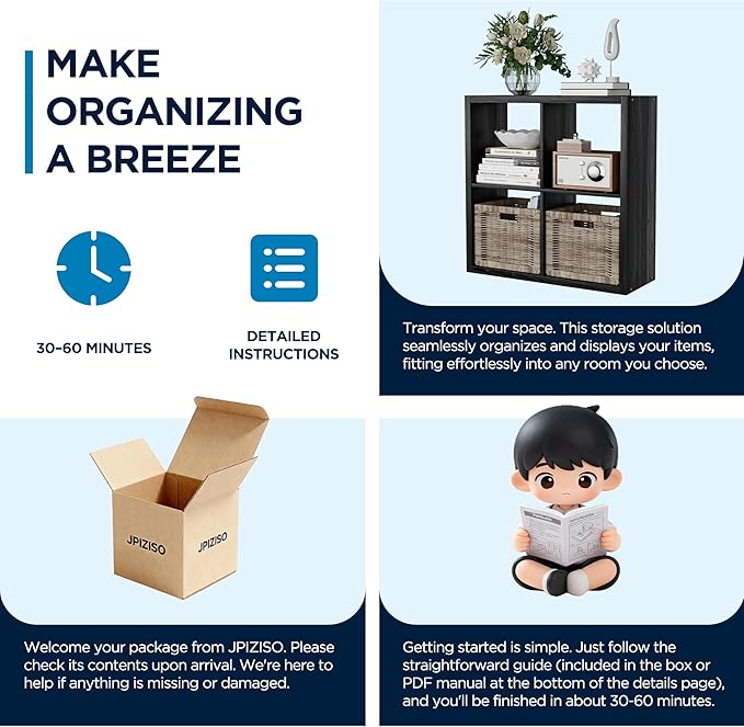 4 Cube Storage Organizer, 2x2 Cube Bookshelf, Cubby Storage Shelf, Wooden Organizer Shelf with Thickened Boards, for Closet Bedroom Home Office Living Room, 25.12" L x 9.37" W x 25.12" H, Black