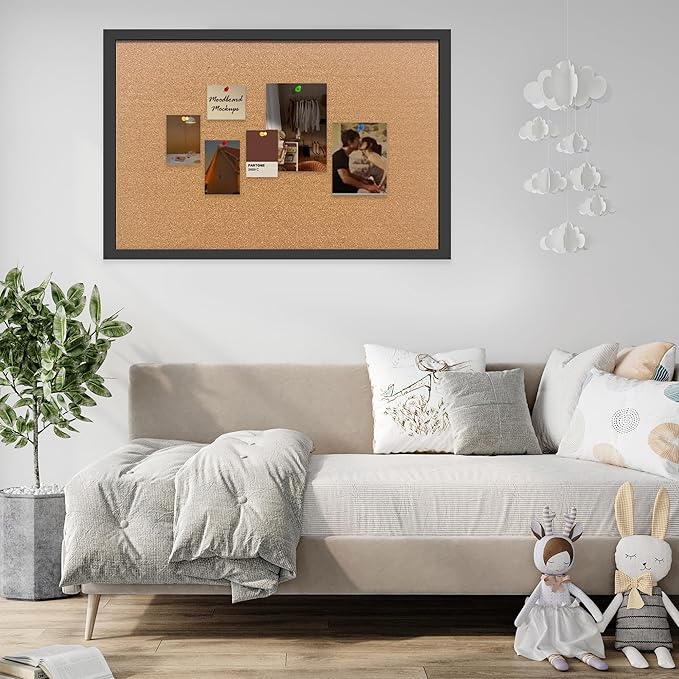 Cork Bulletin Board, 36x24 Inches Hanging Cork Board Wooden Framed with Pins for Wall, Dorm Room, Office, Home Decor – Natural Cork & Black Frame