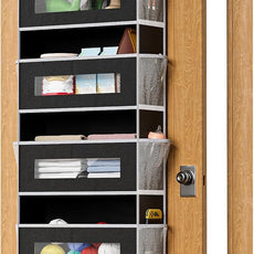 5-Tier Over The Door Storage Organizer with 10 Side Mesh Pockets, 48 lbs Load Capacity, 3 Hooks Design, Door Hanging Organizer with Clear Windows for Bathroom, Bedroom, Nursery, Kitchen-Black
