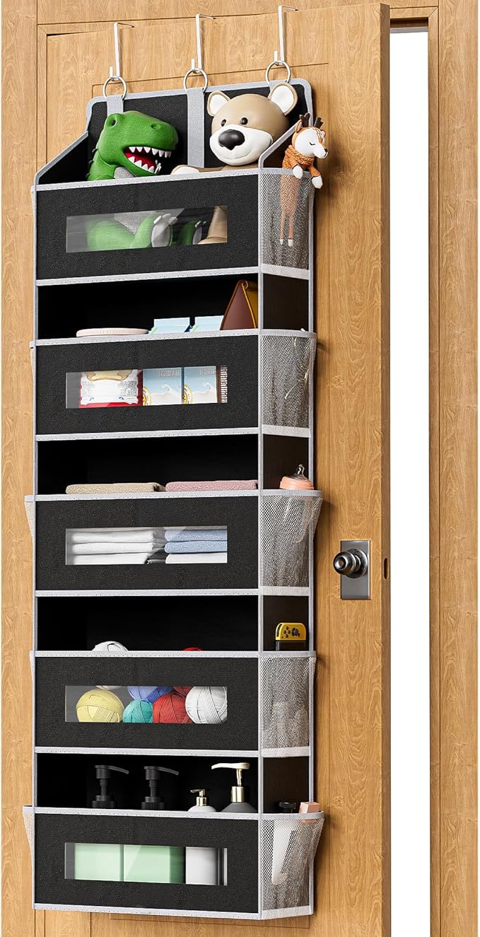5-Tier Over The Door Storage Organizer with 10 Side Mesh Pockets, 48 lbs Load Capacity, 3 Hooks Design, Door Hanging Organizer with Clear Windows for Bathroom, Bedroom, Nursery, Kitchen-Black
