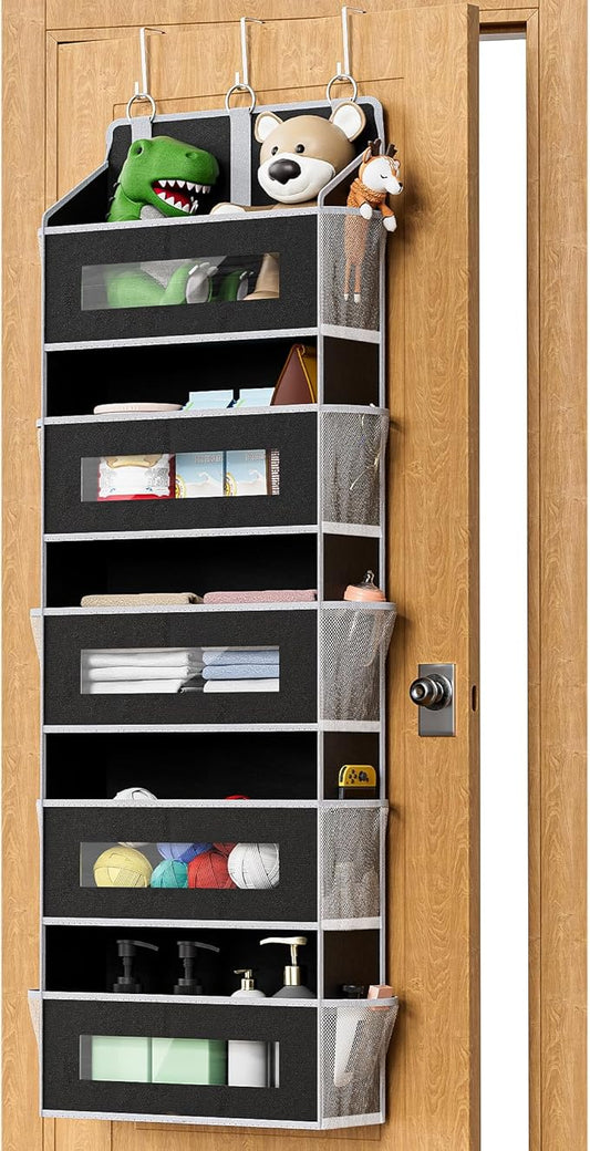 5-Tier Over The Door Storage Organizer with 10 Side Mesh Pockets, 48 lbs Load Capacity, 3 Hooks Design, Door Hanging Organizer with Clear Windows for Bathroom, Bedroom, Nursery, Kitchen-Black