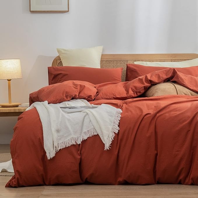 BESTOUCH Duvet Cover Set 100% Washed Cotton Linen Feel Super Soft Comfortable Chic Lightweight 3 PCs Home Bedding Set Solid Burnt Brick Red Full/Double