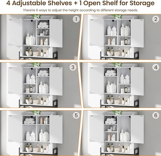 Over The Toilet Storage Cabinet, Over Toilet Organizer with 2-Door & Metal Stand, Bathroom Organizers and Storage with Adjustable Shelves for Bathroom, Restroom, Laundry, White