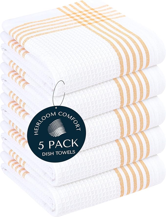 Mustard Yellow and White Waffle Kitchen Towels 5 Pack, 100% Cotton, 16x26 Inch, Super Absorbent, Quick Dry Dish Towels, Reusable & Soft Dishcloths for Kitchen Cleaning