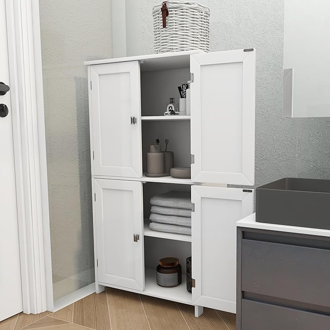 TaoHFE 2 Tier White Bathroom Storage Cabinet,Wood Bathroom Cabinets Freestanding with 4 Door Organizers Storages with Adjustable Shelves, Storage Cabinet for Living Room,Laundry Room,White