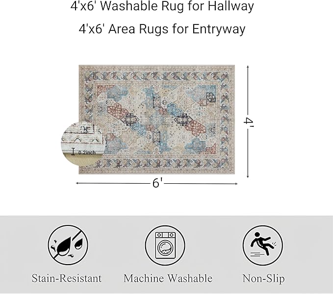 RCTJHOME 4'x6' Washable Area Rugs for Hallway, Non Slip Dining Room Rugs, Soft Low Pile Entryway Indoor Mat, Moroccan Accent Carpet for Kitchen, Living Room and Bedside, Cream Beige Blue Colorful