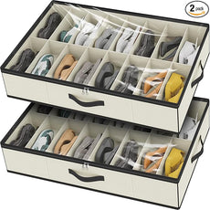 homyfort 32 Pairs Shoe Organizer Under Bed, Sturdy Underbed Shoe Storage Boxes Bins, Organizador De Zapatos, Extra Large Zapateras Organizer, Beige, Set of 2