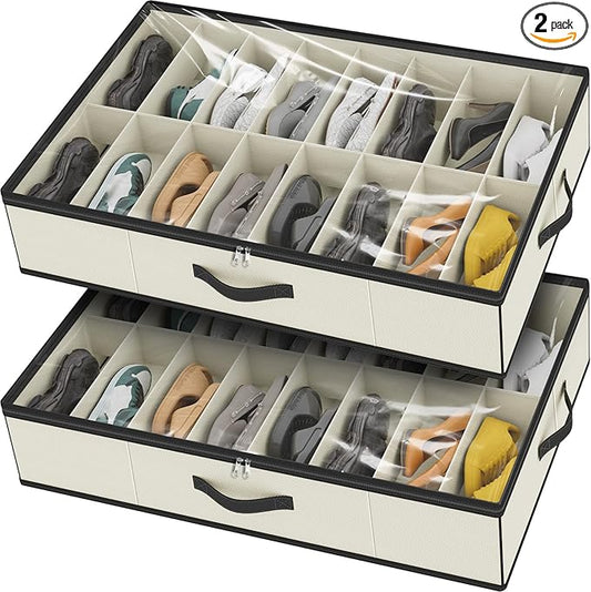 homyfort 32 Pairs Shoe Organizer Under Bed, Sturdy Underbed Shoe Storage Boxes Bins, Organizador De Zapatos, Extra Large Zapateras Organizer, Beige, Set of 2