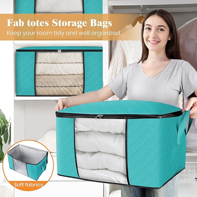 Fab totes Storage Bags,Clothes Blanket Storage Bins Foldable Closet Organizers with Reinforced Handle for Home Dorm Storage and Organization,Fabric Bags for Organizing Sheets,Clothing (Green,6 Pack)