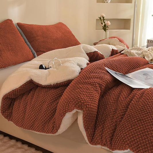 3D Jacquard Design Comforter Set, Ultra-Soft Warm Twin Size Sherpa Fur Plush 2-Pieces Sets Luxury Cozy Bedding with 1 Pillowcase (68"x90", Burnt Orange)