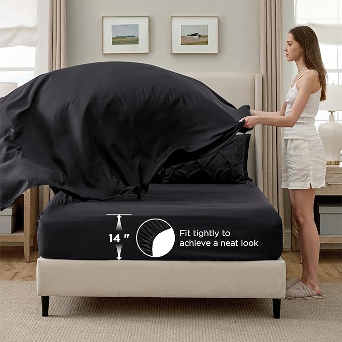 Bedsure Full Comforter Set Black - Bed in a Bag Full Size Bedding Set 7 Pieces, GentleSoft™ Pintuck Bed Set Gift for Family, Pinch Pleat All Season Comforter with Sheets, Pillowcases & Shams