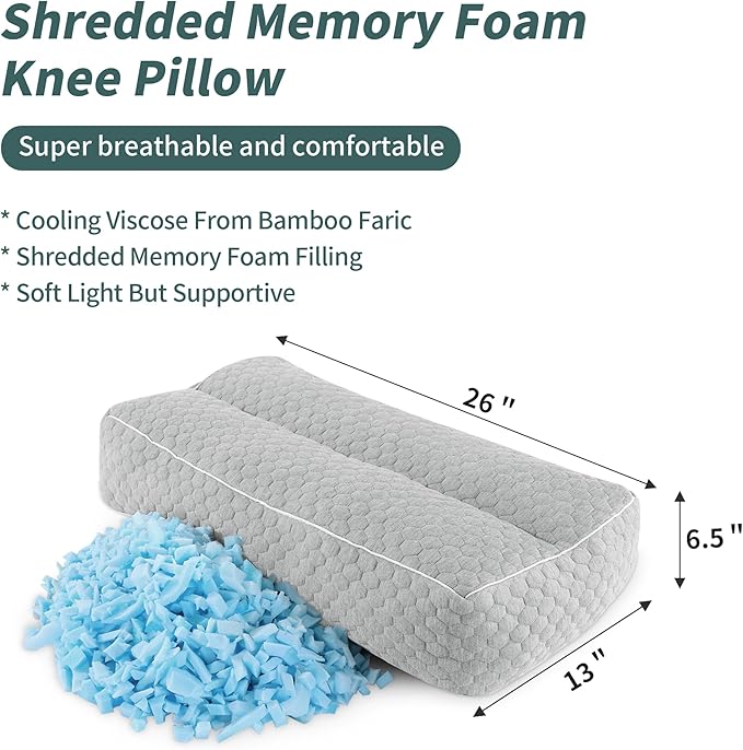 HOMBYS Shredded Memory Foam Knee Pillow for Side Sleepers, 6.5" Height Pillow Between Legs Spine & Relieves Pressure Hip & Leg Elevation, Supportive Pillow for Pregnancy, Sciatica,Light Grey