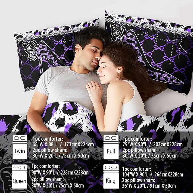 Purple Cheetah Print Comforter Set Full Women Sexy High Heels Leopard Print Bedding Set Girls High Heels Leopard Comforter Quilt Animal Bedroom Decor Cheetah Bedding Bed Decor