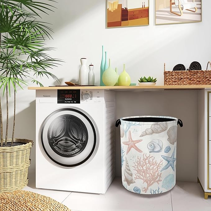 Starfish Laundry Hamper,Shell Coral Dirty Clothes Laundry Basket with Handles Waterproof Oxford Cloth Storage Basket for College Dorms Bathroom Bedroom 16" x 20.8"