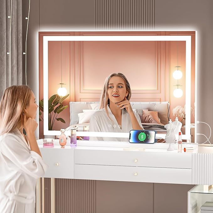 Hasipu Vanity Mirror with Lights, 32" x 20" LED Makeup Mirror, Lighted Makeup Mirror with Dimmable 3 Modes, Touch Screen Control Vanity Mirror Square White