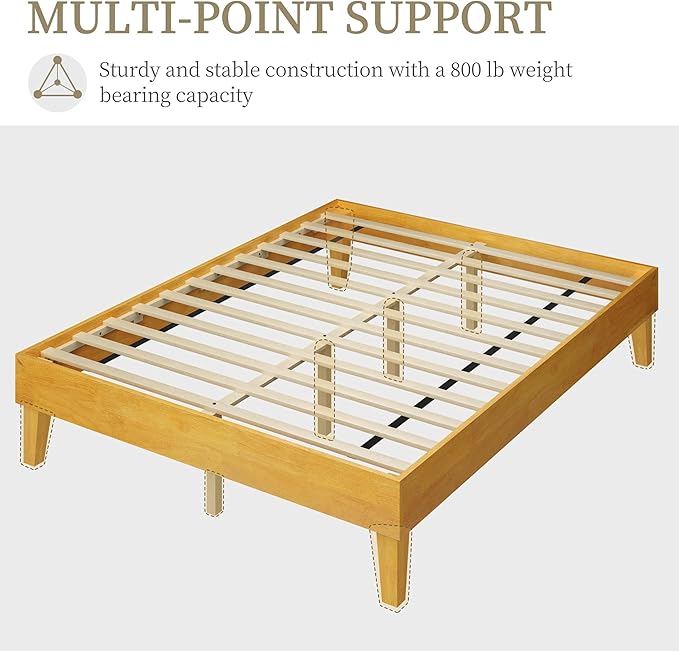 Yaheetech Queen Bed Frame Natural Solid Wood Platform Bed with Wooden Slats Support, 7.3-inch Underbed Space for Storage, Noise-Free Design, Easy Assembly, Natural Wood Finish