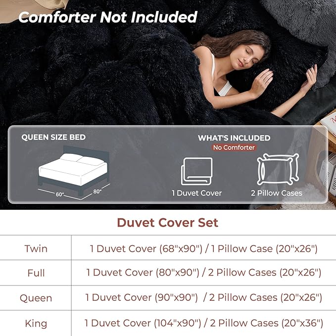 Sasttie 3-Piece Fluffy Duvet Cover Queen, Ultra Soft Faux Fur and Velvet Black Comforter Cover, Luxury Fuzzy Bedding Sets for Winter Bed, Includes 1 Duvet Cover and 2 Pillowcases, No Comforter