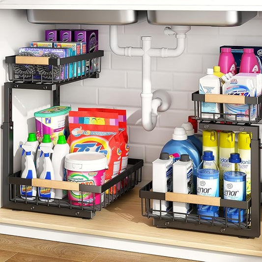 PXRACK 2 Pack Under Sink Organizer,Adjustable Height,2 Tier Pull Out Under Cabinet Organizer,Slide Out Thickened Metal Under Sink Storage for Kitchen Bathroom Laundry Cabinet Pantry,Black(S)