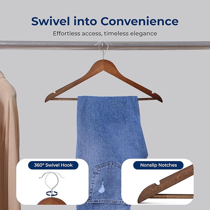 SereneLife Premium Wooden Hangers 50 Pack - Heavy Duty & Durable Coat Hanger - Wood Hanger with 360-Degree Swivel Hook - Clothes Hangers with Non-Slip Shoulder Notches for Shirts & Coats (Vintage)