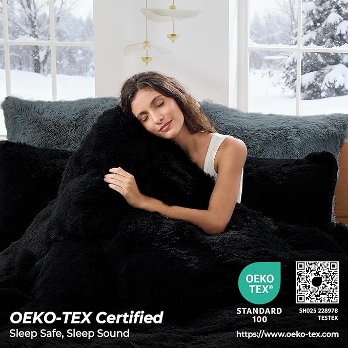 Sasttie 3-Piece Fluffy Duvet Cover Queen, Ultra Soft Faux Fur and Velvet Black Comforter Cover, Luxury Fuzzy Bedding Sets for Winter Bed, Includes 1 Duvet Cover and 2 Pillowcases, No Comforter