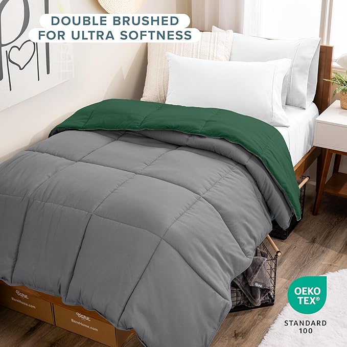 Bare Home Twin/Twin Extra Long Comforter - Reversible Colors - Goose Down Alternative - Ultra-Soft - Premium 1800 Series - All Season Warmth - Bedding Comforter (Twin/Twin XL, Grey/Forest Green)