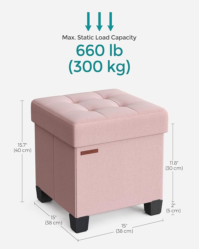 SONGMICS Storage Ottoman, Small Ottoman Foot Rest with Legs, 15 x 15 x 15.7 Inches Foot Stool, Load up to 660 lb, for Living Room, Bedroom, Dorm, Jelly Pink ULSF014P01