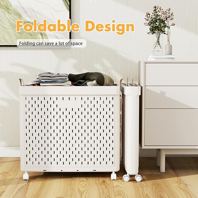 UAK Laundry Basket with Wheels, Collapsible Plastic Laundry Hamper with Handle, Foldable Laundry Basket Organizer for Laundry and Bathroom Snow White, XXXXL (110L)