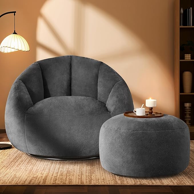 Swivel Giant Bean Bag Chair for Adults with Ottoman - Comfy Plush Round Shell Soft Accent Chaise Lounge Indoor Reading Chair, Oversized Cozy Floor Sofa for Living Room, Bedroom Dorm, Gray