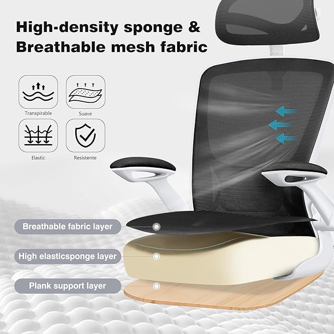 Home Office Desk Chairs, Ergonomic Office Chair with Lumbar Support, Headrest, Flip-up Armrests, Comfy Desk Computer Chair for Gaming, Work, White