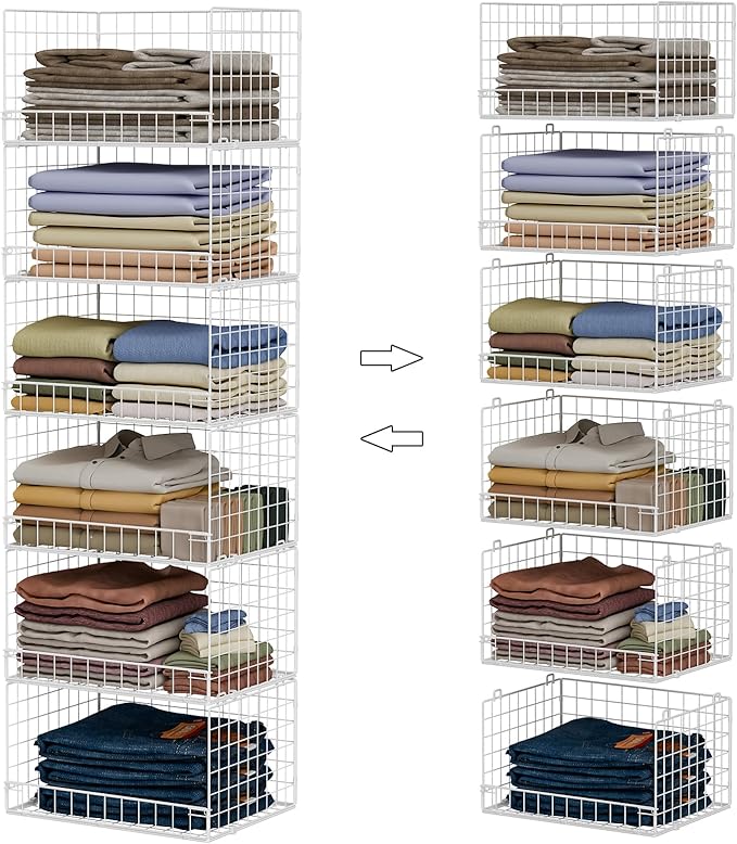 6-Tier Stackable Closet Organizers and Storage Shelves, Closet Shelf Organizer Basket Bins, Foldable Sweater Storage for Clothes Organizer System, White（Patent Pending）