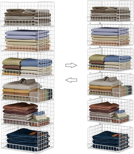 6-Tier Stackable Closet Organizers and Storage Shelves, Closet Shelf Organizer Basket Bins, Foldable Sweater Storage for Clothes Organizer System, White（Patent Pending）