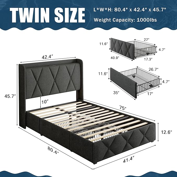Twin Bed Frame with 4 Storage Drawers, Upholstered Platform Bed with Charging Station, Modern Wingback Storage Headboard, Easy Assembly,Noise-Free, Dark Gray