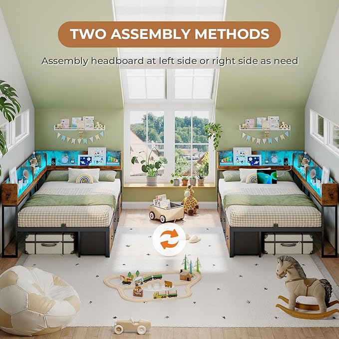 VIAGDO Corner Bed Frame with Storage Bookcase and 6 Drawers, Twin XL Metal Platform Corner Bed Frame with LED Lights and Charging Station, Twin XL Daybed for Kids Teenagers, Rustic Brown & Black