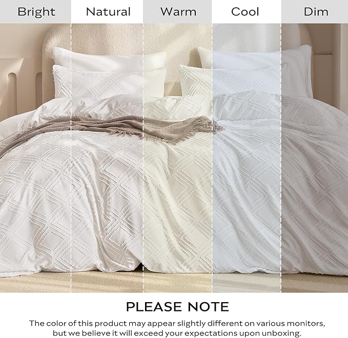 JELLYMONI Duvet Cover Full Size White - 3PCS Boho Duvet Cover Set Plaid Polyester Tufted Bohemian Jacquard Knit Textured Comforter Cover 80×90in Rhombic Geometric Pattern Corner Ties & Zipper