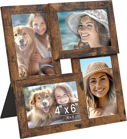 SONGMICS Collage Picture Frames, 4x6 for Wall Decor Set of 4, Multi Family Photo for Gallery Decor, Hanging Display, Christmas Gift, Rustic Brown URPF025X01