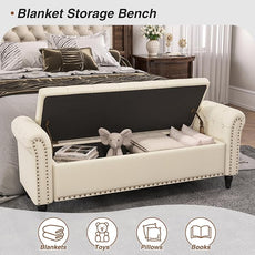 65 Inch Bedroom Bench, End of Bed Bench with Storage, Bed Benches for Foot of Bed, Faux Leather Window Bench with Tufted Button and Nailhead Trim, Upholstered Storage Bench, Rolled Arms, Cream White