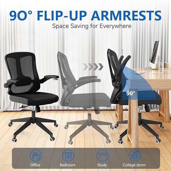 poki Mesh Office Chair, Home Office Desk Chair with Wheels, Ergonomic Office Chair with Lumbar Support and Adjustable Headrest, Comfortable Study and Desk Chair, Black (Black)