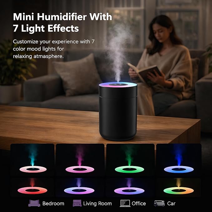 230ML Humidifier for Bedroom, Air Humidifier for Home, Plant Humidifiers Indoor Small with LED Colorful Gradient Light, USB Powered for Desk, Car, Travel, Hotel Room (Black)